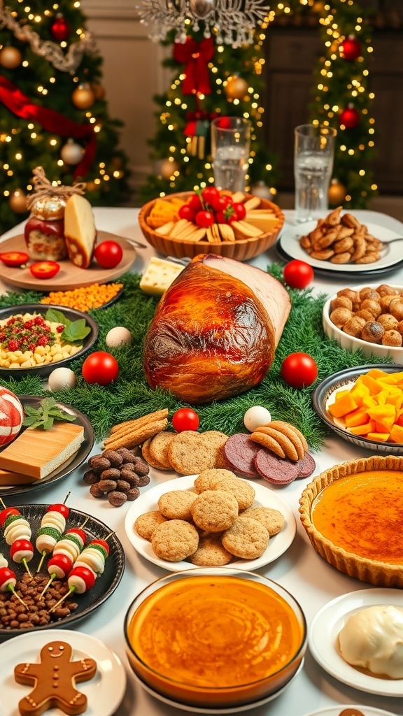 A festive Christmas party table with a variety of appetizers, main dishes, and desserts.